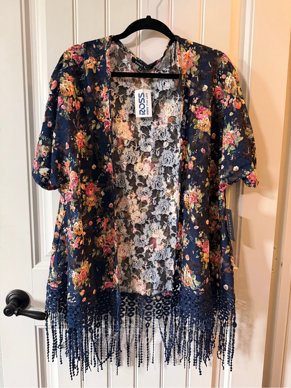 Sweet Rain Navy Floral Lace Fringe Cardigan